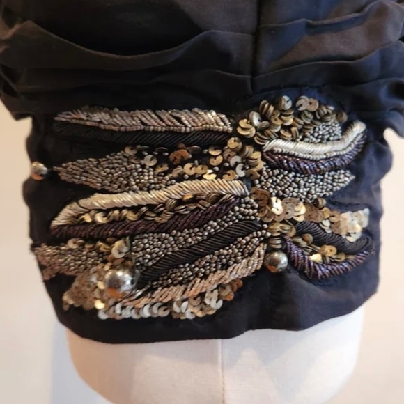 CASTLE STARR Y2K Black 100% Silk Gold/Silver Beaded One Shoulder Top Siz… - Picture 6 of 8